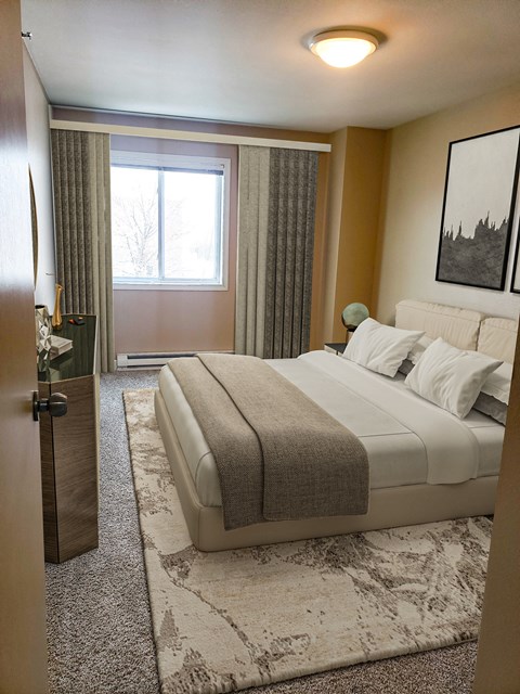 a bedroom with a bed and a window