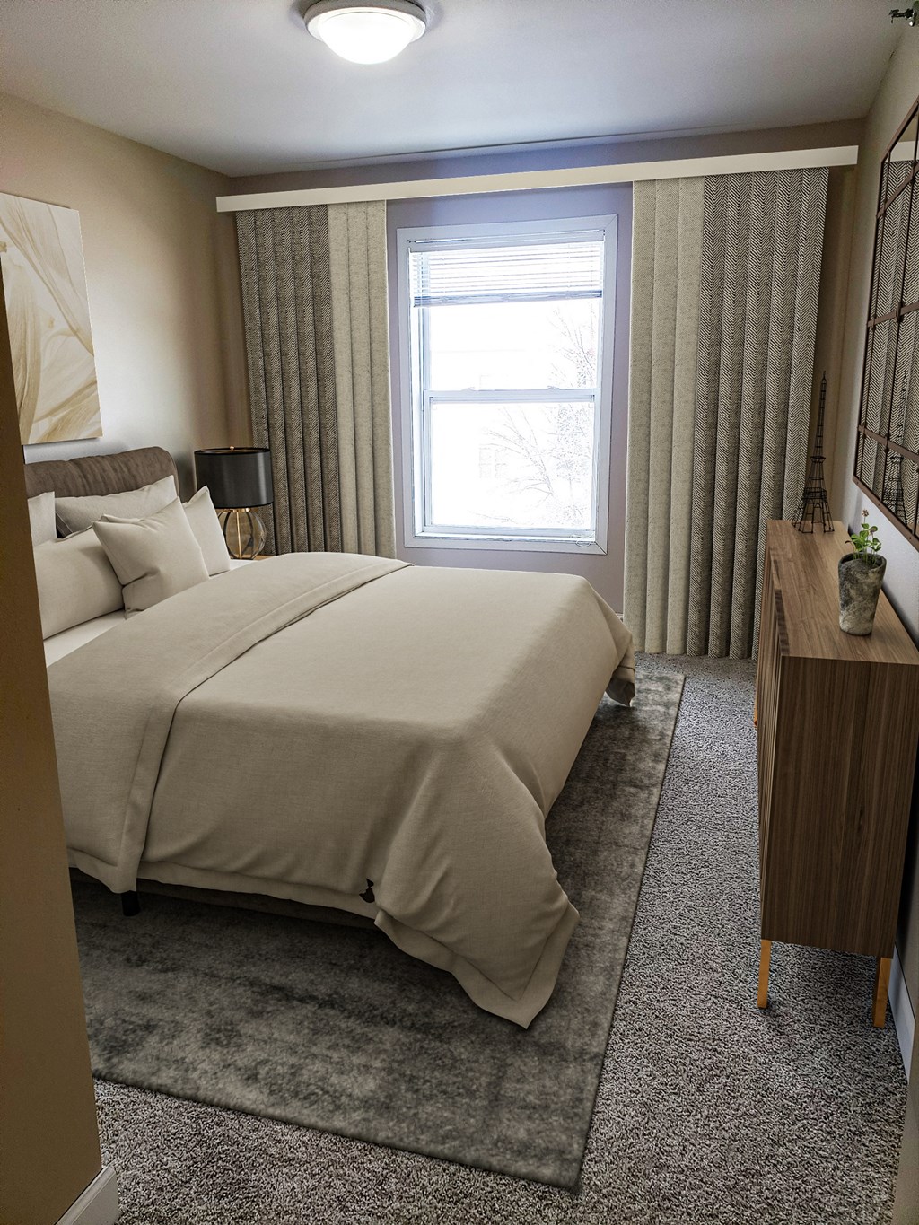 a bedroom with a bed and a window