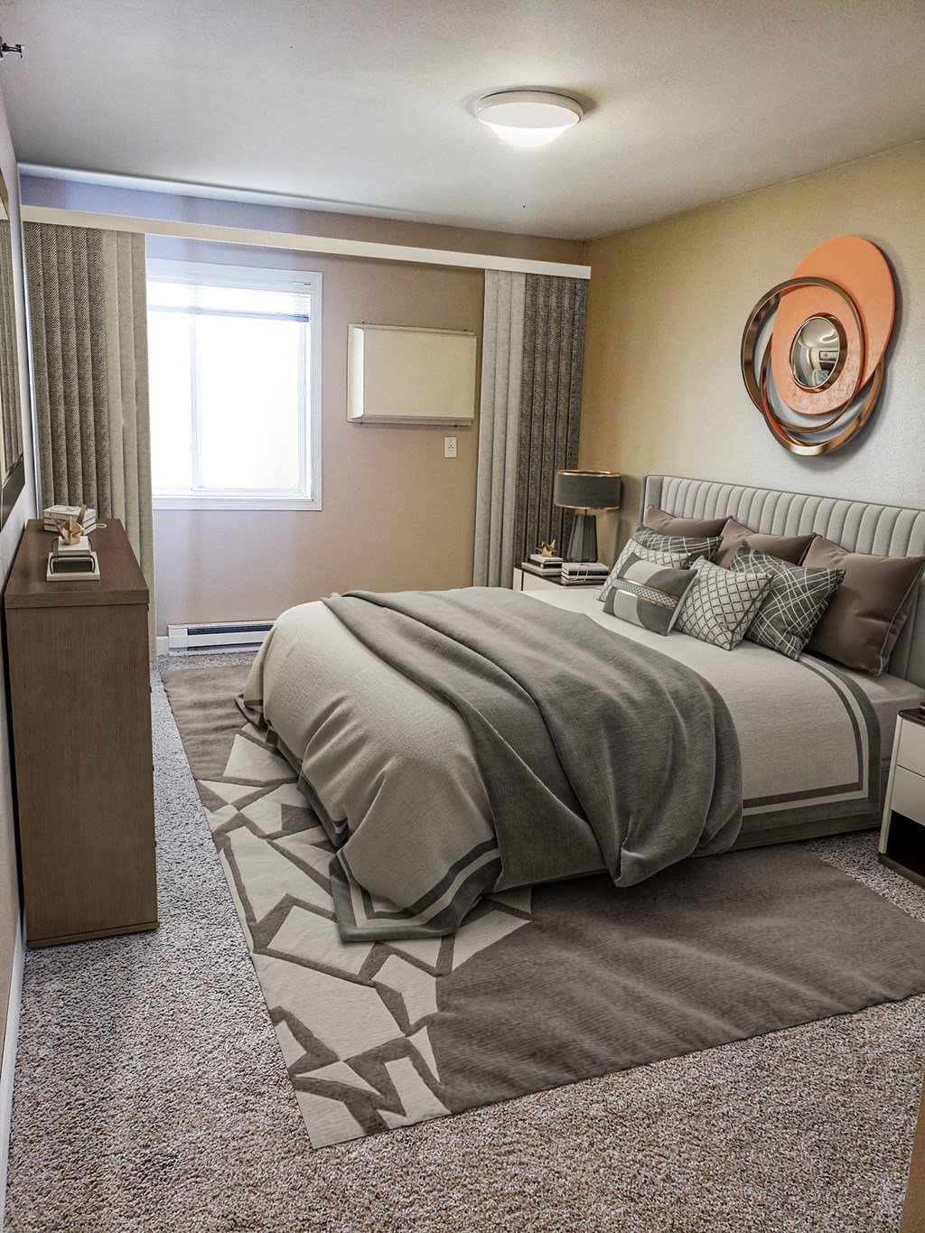 a bedroom with a bed and a rug