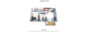 1 Bed 2 Bathroom Floor Plan at Knobs Pointe Apartments, Indiana