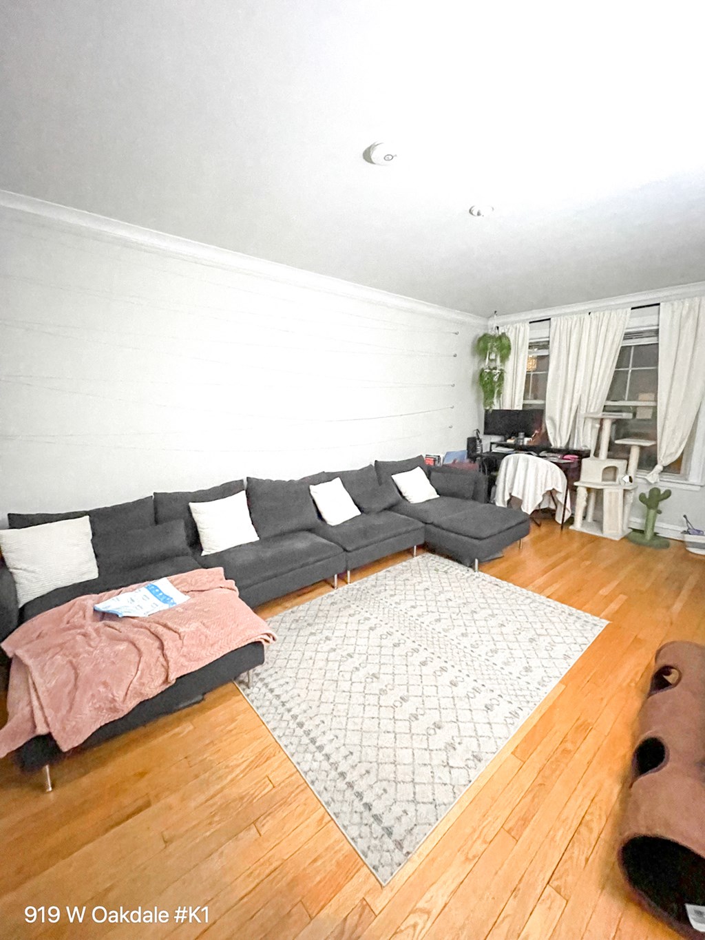 a living room with a couch and a rug