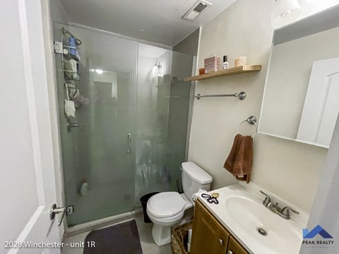 a small bathroom with a shower toilet and sink