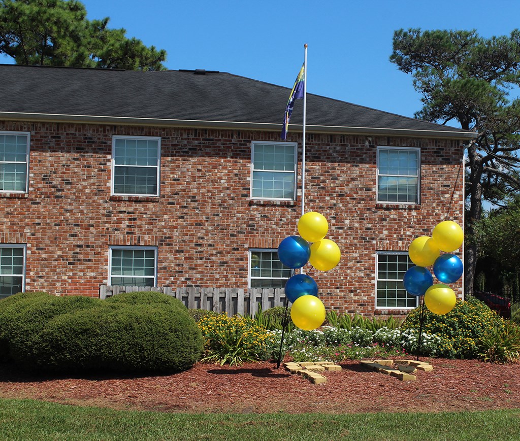 a bunch of balloons in front of a house