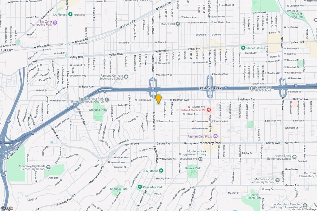 A map of a city with streets and locations marked.