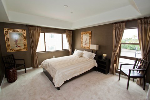 A bedroom with a large bed and two windows with curtains.