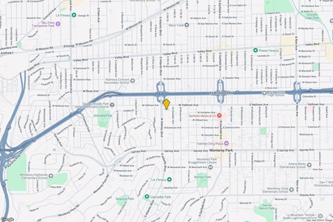 A map of a city with streets and locations marked.