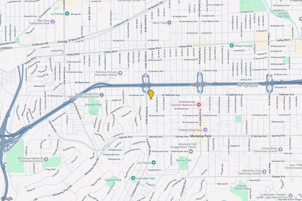 A map of a city with streets and locations marked.