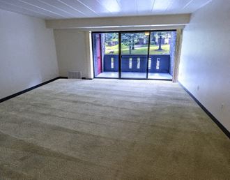 a living room with a carpeted floor and a glass door