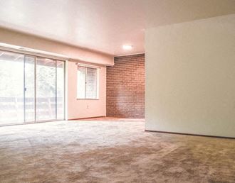 an empty living room with a brick wall and a sliding glass door