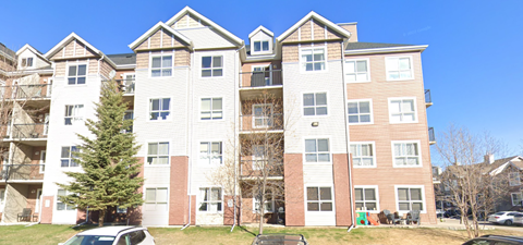A large apartment building with a tree in front of it.