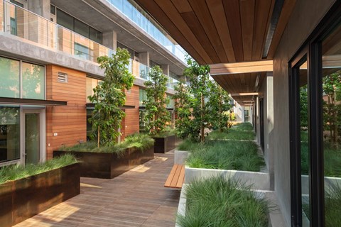 A long, narrow walkway with a wooden ceiling and a grassy area on the side.