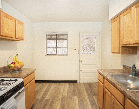 a kitchen with a stove and a sink