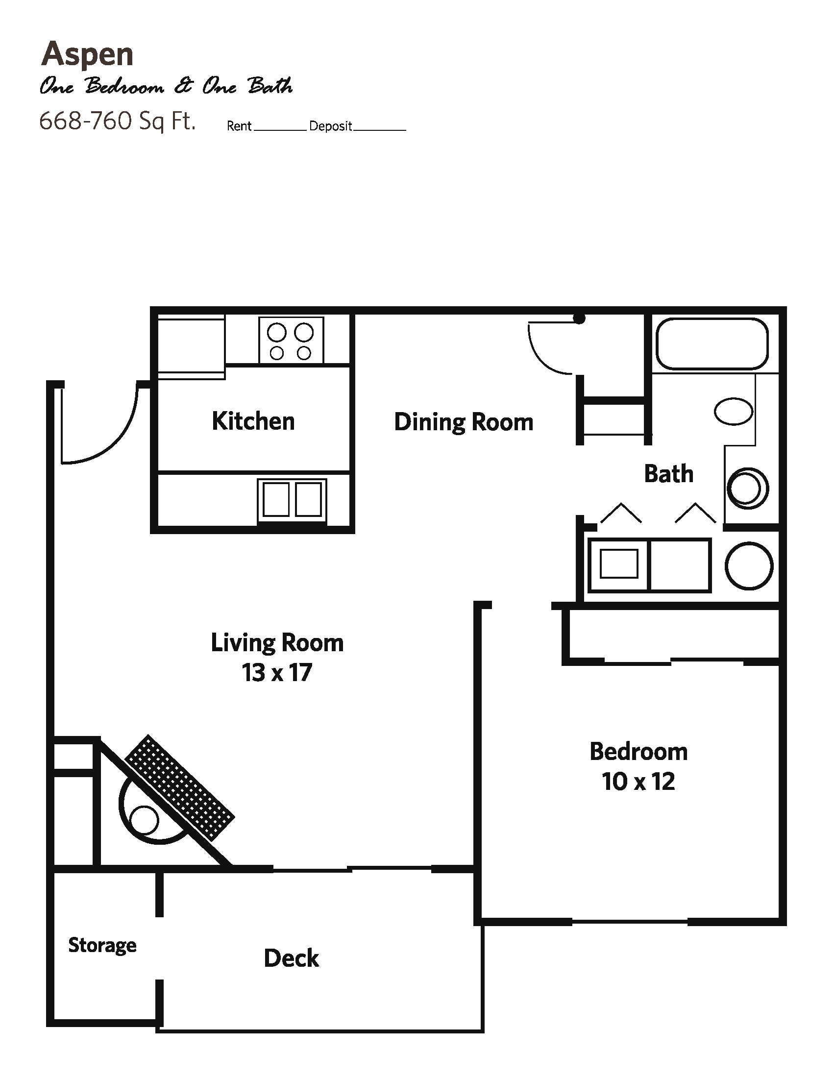 ASPEN Medium (1 bed + 1 bath) - Apartments Floor Plan 2