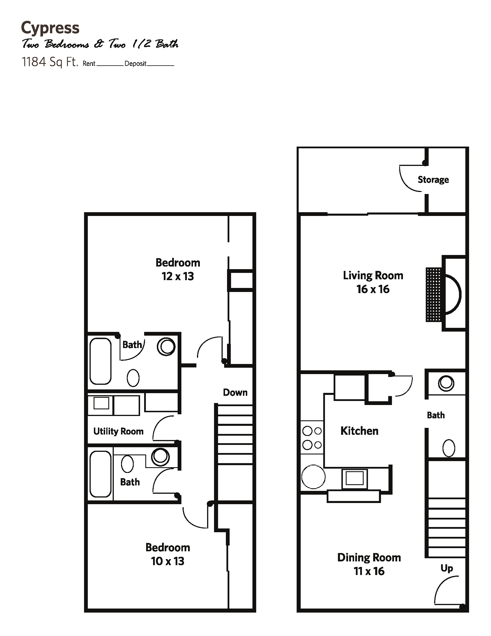 CYPRESS (2 bed + 2 bath w/view) - Townhomes Floor Plan 5