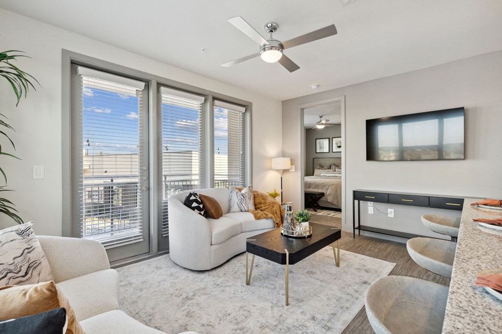 Furnished living room with ceiling fan, Ironcrest, North Richland Hills, TX