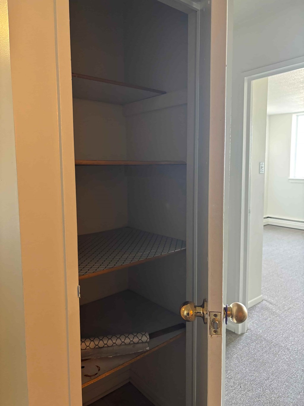 A pantry with a closed door and an open door.