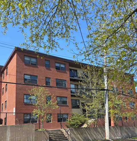 A red brick building with a tree in front of it.