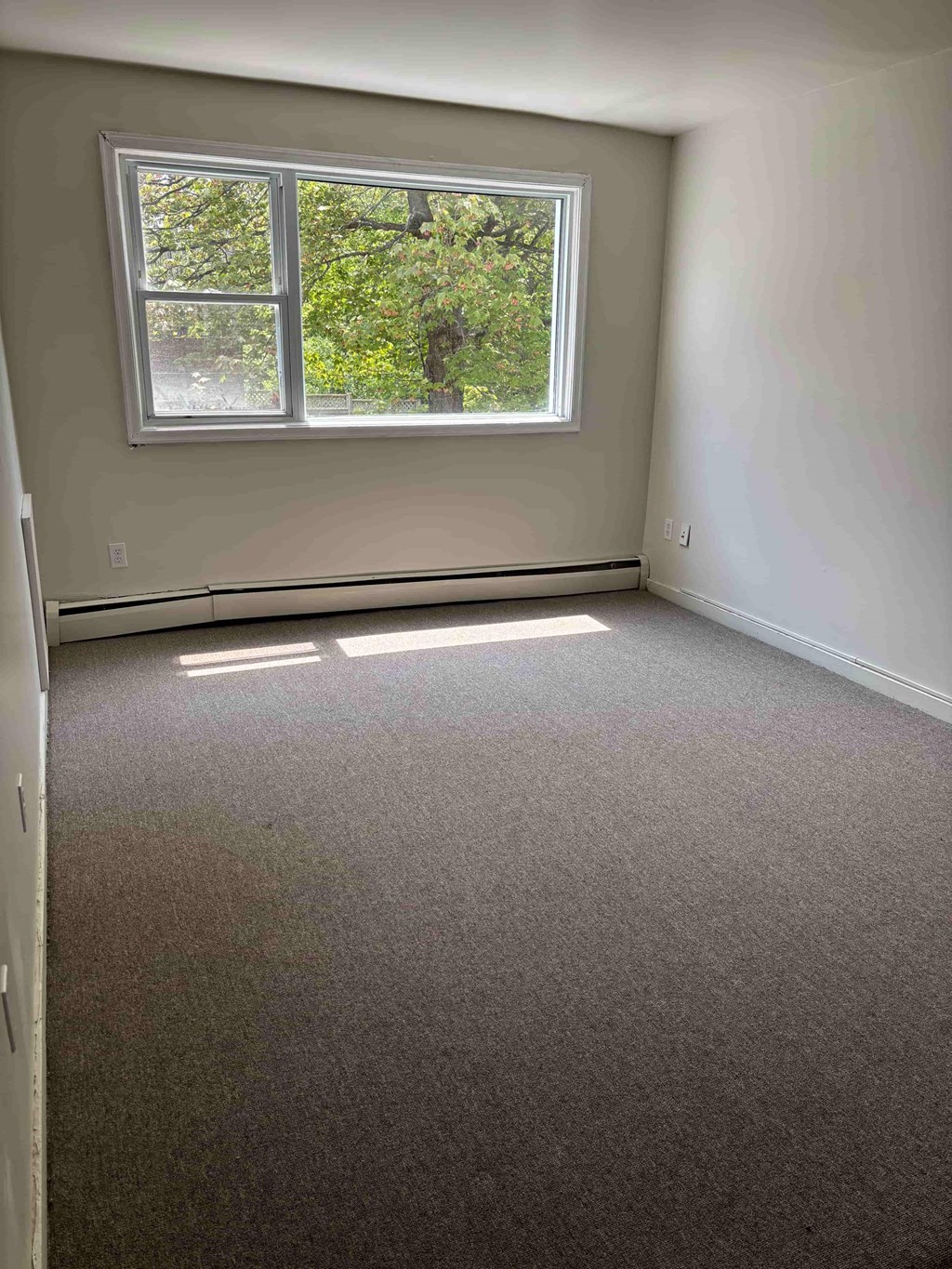 A room with a window and carpeted floor.