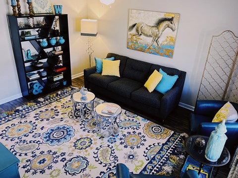 a living room with a blue and white rug and a black couch