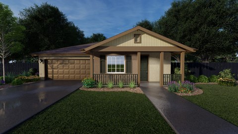 A modern house with a brown roof and a driveway.