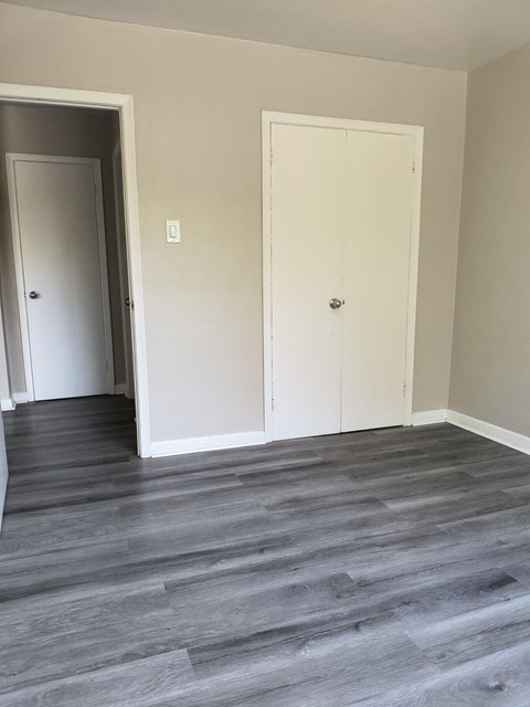 A room with a white door and a white closet.