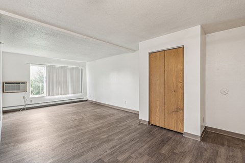 A room with a wooden floor and a wooden door.