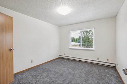 A room with a door, window, and carpeted floor.