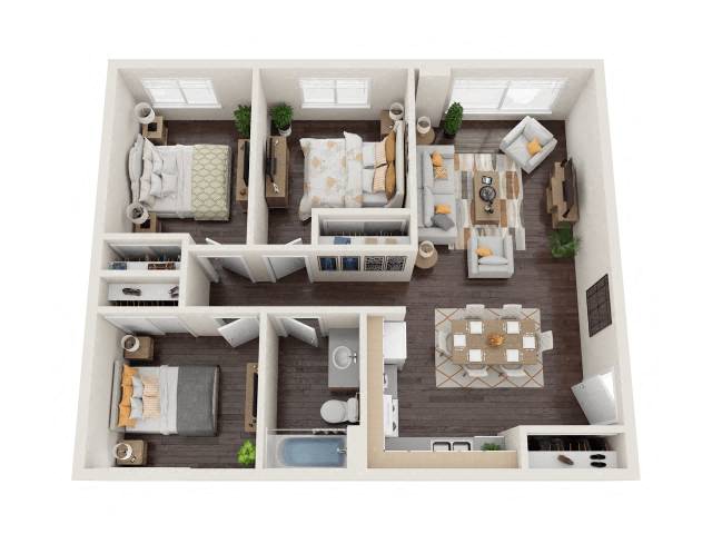 3Bed 1Bath Floor Plan at Brush Meadows I & II Apartments, Montana