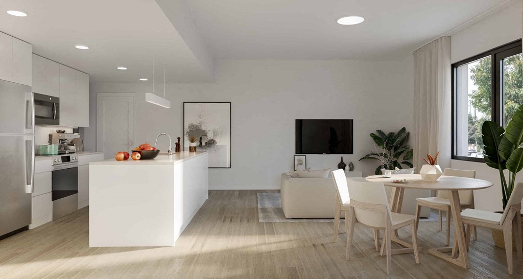 a rendering of a kitchen and dining room in an apartment