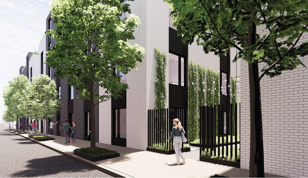 a rendering of a building with trees in front of it