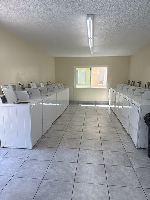 A laundromat with rows of washers and dryers.
