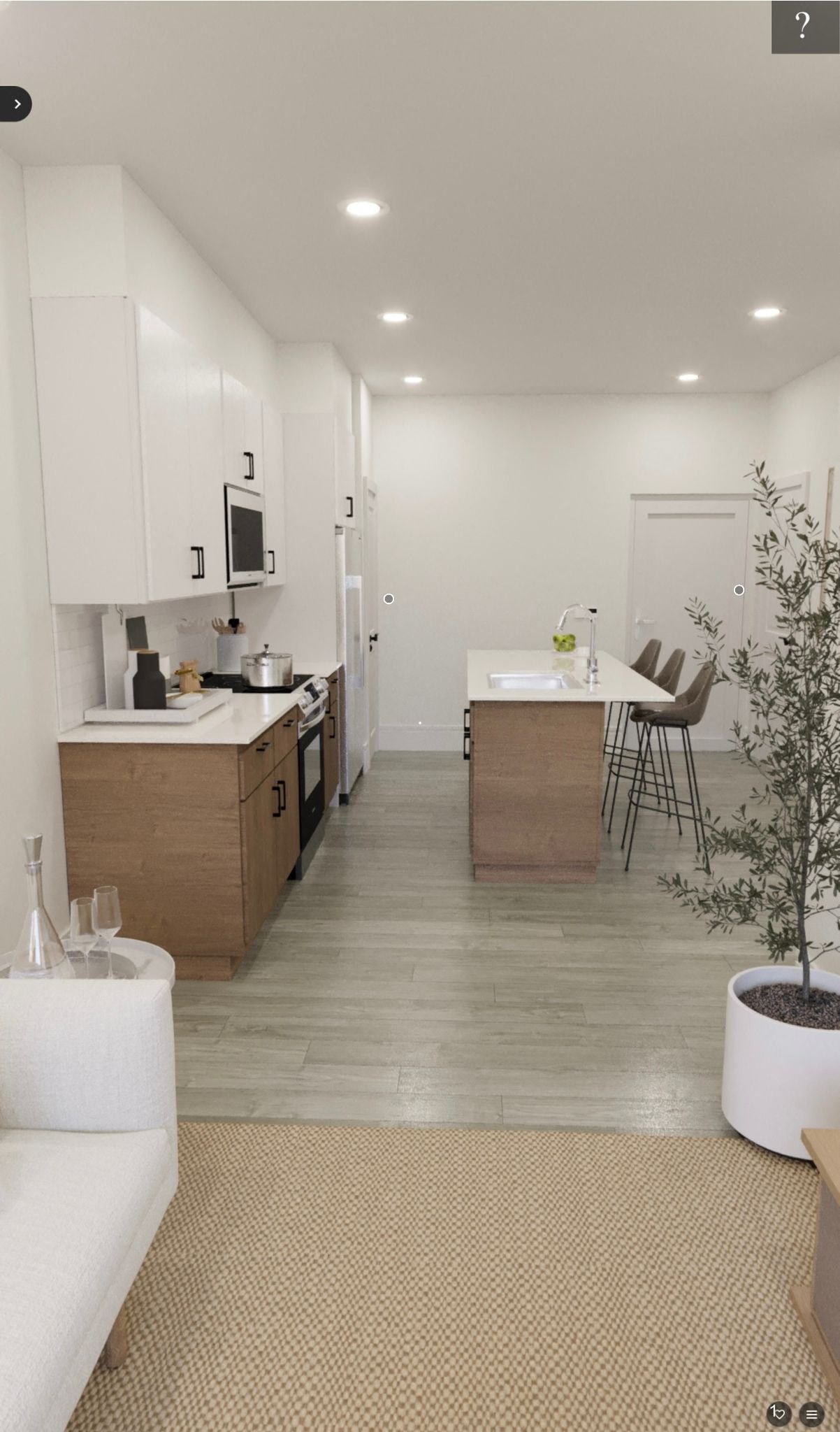 an open kitchen and dining area with a table and chairs