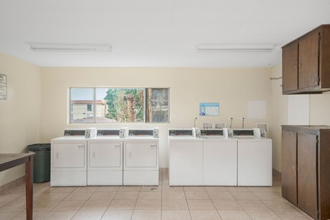 A room with a row of sinks and a window.