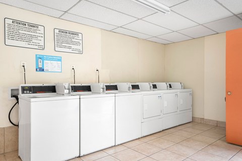 A row of sinks are lined up in a room with a sign on the wall.