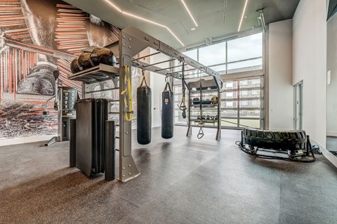A gym with a punching bag, weights, and a bench press.
