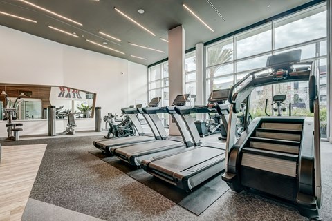 A gym with treadmills and other exercise equipment.