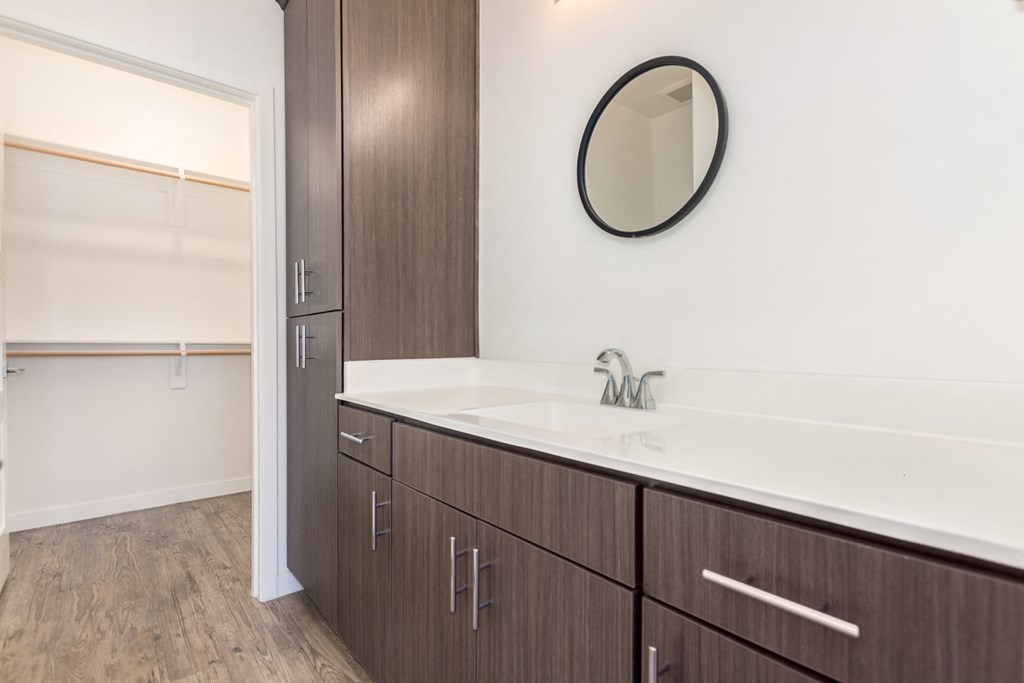 A bathroom with a sink, mirror, and wooden cabinets.