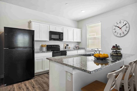 A black refrigerator is in a kitchen with a granite counter top.