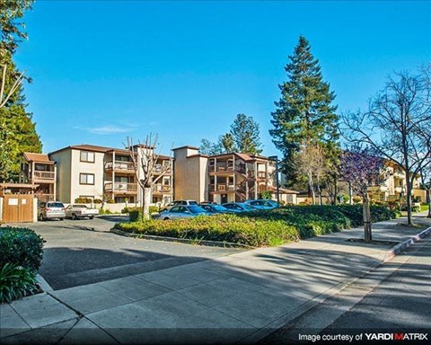 A sunny day at a residential complex with cars parked and trees around.