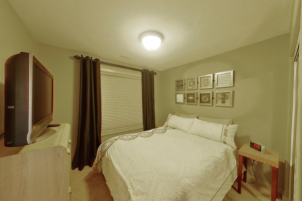 A bedroom with a bed, nightstand, and a television.