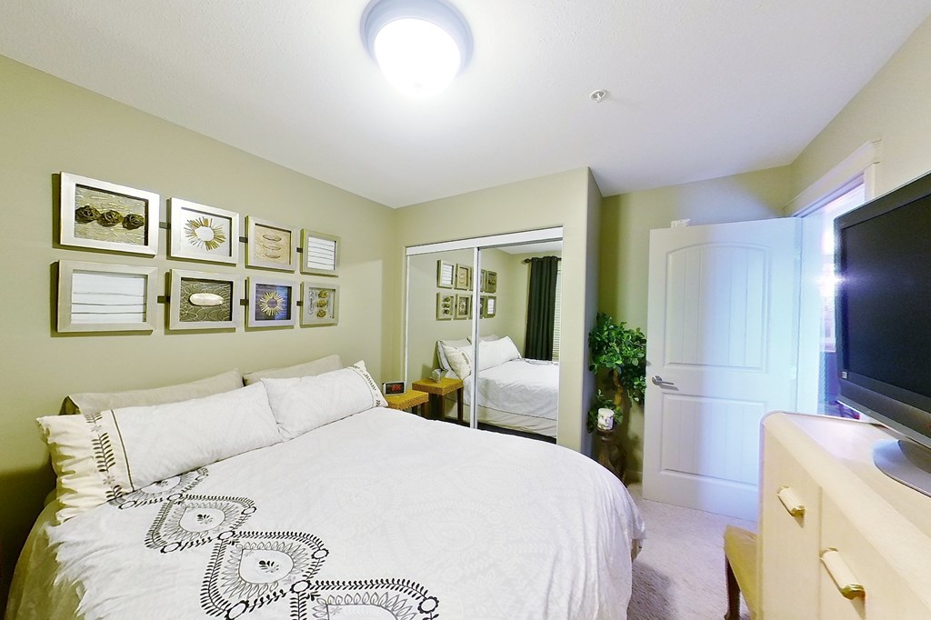 A bedroom with a bed, a dresser, and a mirror.