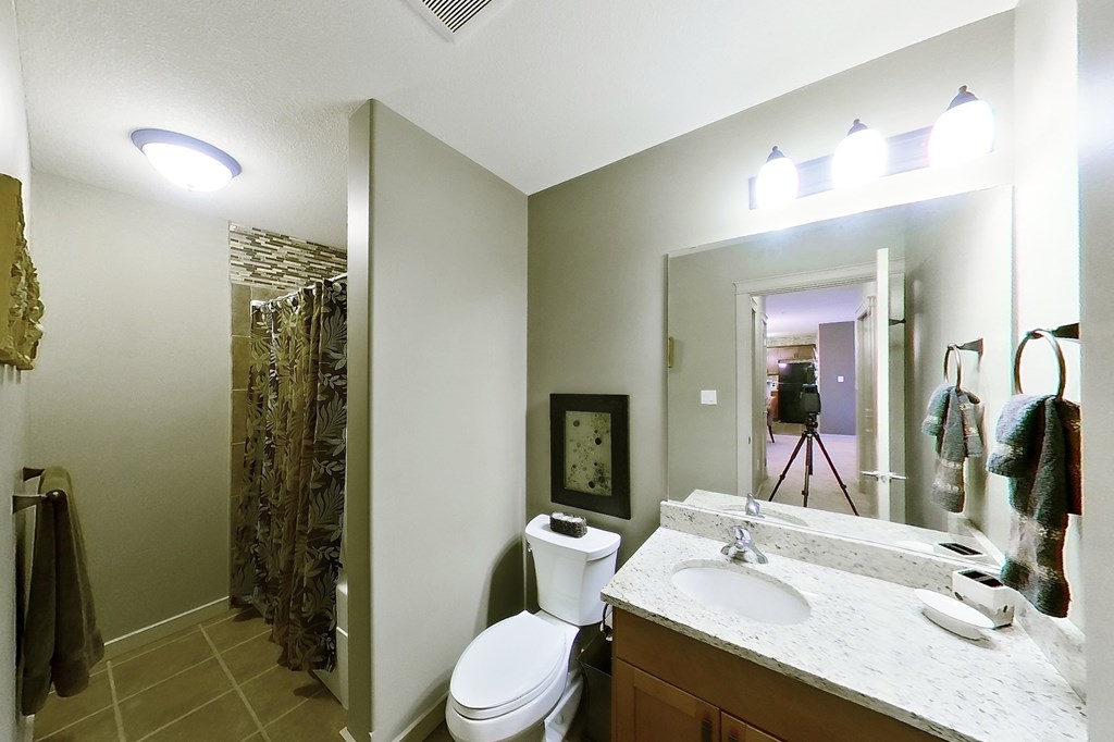 A bathroom with a toilet, sink, mirror, and a shower curtain.