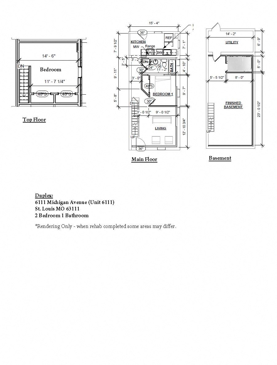 A set of three floor plans for a duplex apartment at 6111 Michigan Avenue.