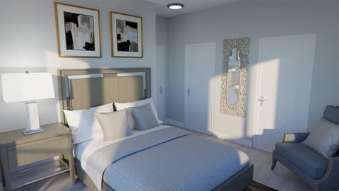 A bedroom with a large bed, a nightstand with a lamp, and a chair.