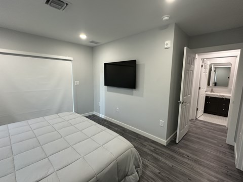 A bedroom with a bed, a television, and a closet.