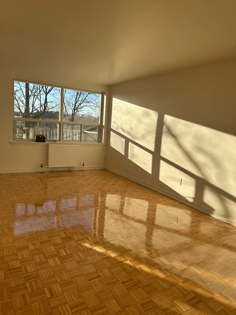 A room with wooden flooring and a large window letting in sunlight.
