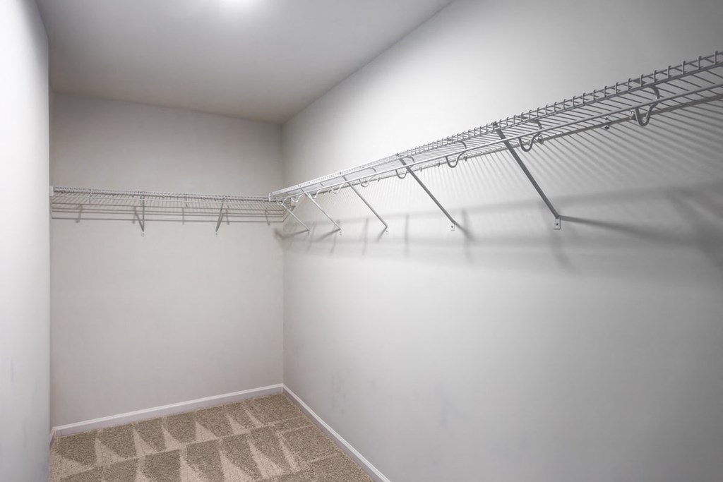 A white closet with a carpeted floor and a metal rack.