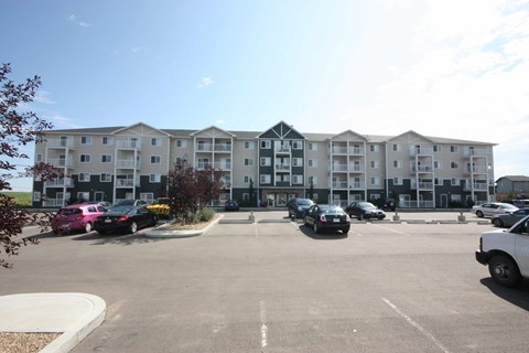 A parking lot with cars and a building in the background.