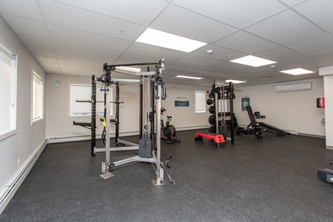 A gym with a variety of equipment including a squat rack, bench, and weights.