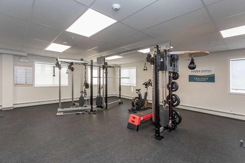 A gym with a variety of equipment including a squat rack, a bench, and a weight machine.